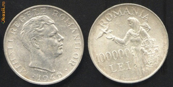 100..000 LEI 1946 - PACEA -  MONEDA DE ARGINT VF foto mare