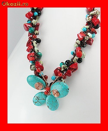 Lant Fantezie Cupru-Bumbac Floricele Coral-Onyx-Turquoise LFAN-029 foto mare