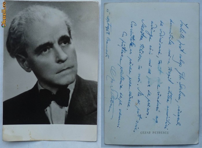 Autograf consistent al lui Cezar Petrescu catre scriitorul Gh. Serban , pe fotografie , in plic scris si expediat de scriitor in 1951 foto mare