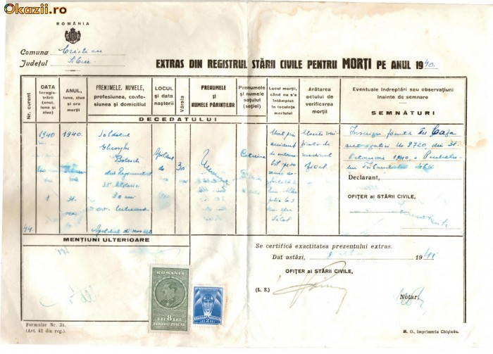 Romania Regala - Extras din Registrul Starii Civile pentru Morti pe anul 1940 - comuna Cristian; judetul Sibiu foto mare
