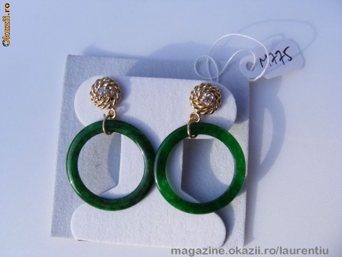 Extraordinari Cercei UNICAT aur 14K, 3.8g, ornati cu JAD si 2 BRILIANTE !! foto mare