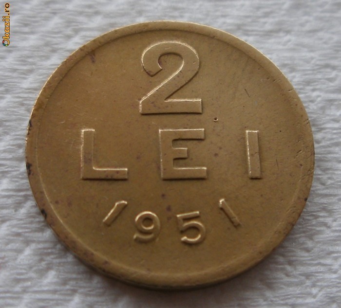 2 lei 1951 - cupru - stare excelenta - detalii perfecte - rar in aceasta stare foto mare