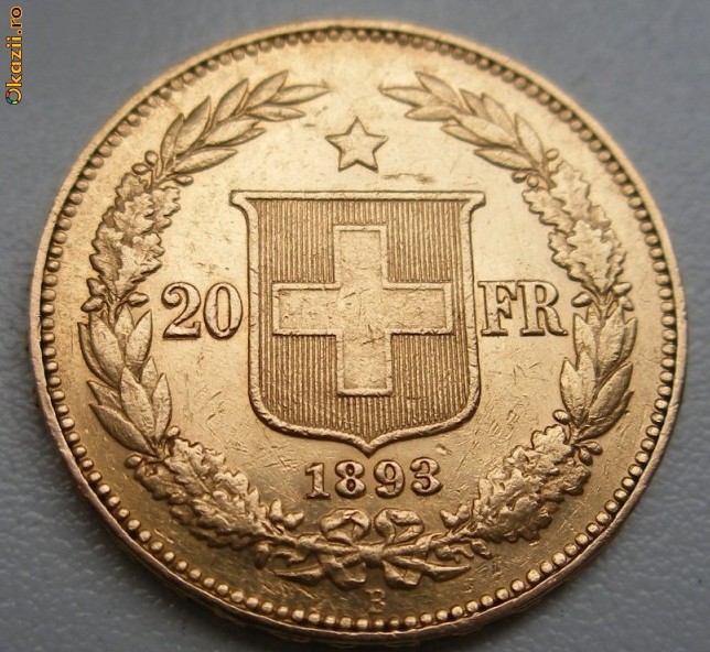 Elvetia - 20 franci 1893 - 6.45 gr. aur - tiraj mic 100000 buc. foto mare