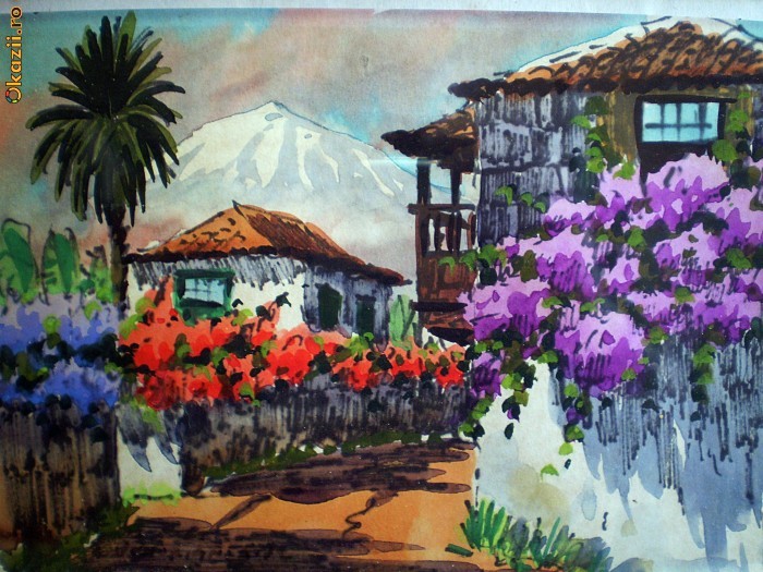 Pictura veritabila, tablou vechi in acuarela - Cuibul Reginei foto mare