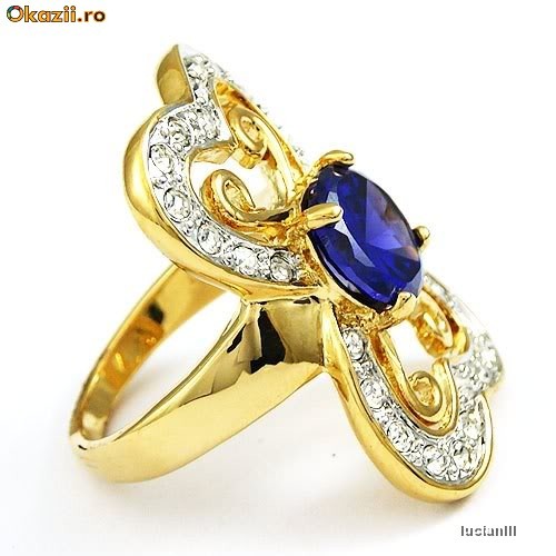 INEL deosebit PLACAT CU AUR GALBEN de 9k (marcat 9k) cu pietre SAFIR MOV si TOPAZ alb ! Model superb! Cadou Valentine's day si Dragobete! Marimea 8! foto mare