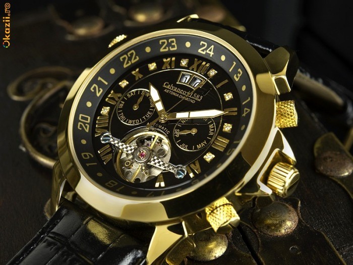 Ceas de lux Calvaneo 1583 Astonia Placat cu Aur 18K, 8 Diamante, Automatic foto mare